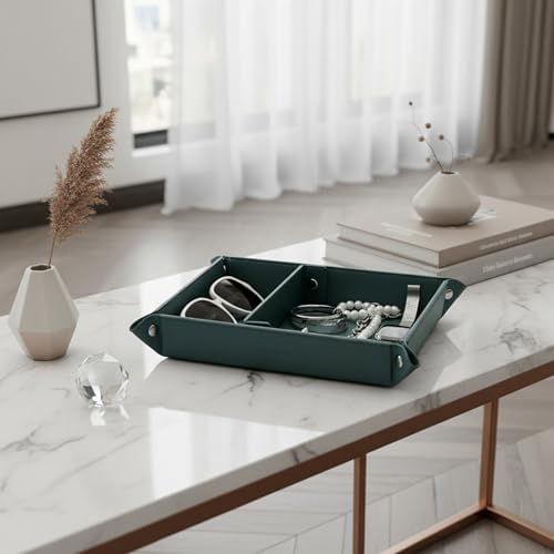 UnionBasic Medium Jewelry Tray for Rings Watches Earrings, Entryway Catchall Caddy for Coins Keys Change, Nightstand Bedside Valet Holder, Trays for Electronic Gadgets, Dark Ivy Plus - Image 4