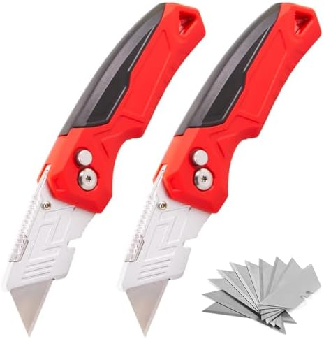 (2-Pack) Box Cutter with Blade Storage Design, Heavy Duty Folding Utility Knife with 10 Extra Blades for Cardboard, Carton, Carpet Cutting, Anti-slip Handle, Quick Replace Blade by Besosay