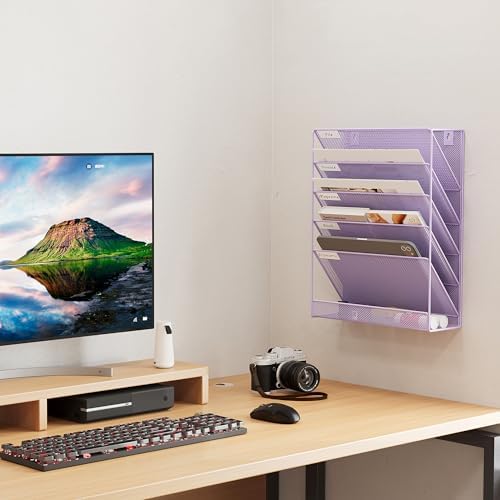 EasyPAG 5 Tier Wall File Holder, Mesh Hanging Folder Organizer with Classify Label, Versatile Desk File Holder, Vertical Wall Mounted Mail Organizer for Office Home Cubicle, Purple - Image 6