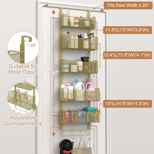 VyGrow Over The Door Organizer, Metal Door Organizer Hanging with 5 Adjustable Baskets and Coat Hook, Behind The Door Storage for Bedroom Closet Bathroom Pantry Cabinet Kitchen, Gold - Image 3