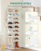 Hzuaneri 10 Tiers Vertical Shoe Rack, Narrow Shoe Tower, Tall Shoes Shelf with 2 Hooks, Adjustable Shelves, Corner Shoes Shelves for Small Spaces, Entryway, Living Room, White SR11213W - Image 3