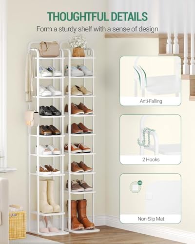 Hzuaneri 10 Tiers Vertical Shoe Rack, Narrow Shoe Tower, Tall Shoes Shelf with 2 Hooks, Adjustable Shelves, Corner Shoes Shelves for Small Spaces, Entryway, Living Room, White SR11213W - Image 3