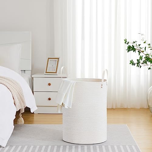 VIPOSCO 72L Tall Woven Rope Laundry Hamper, Leather Handles, White - Image 4