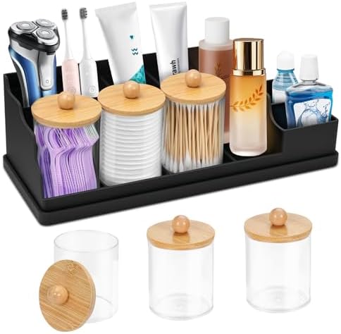 Bathroom Counter Organizer, Black Silicone Toothbrush Holders for Bathrooms Organizer Countertop with 3PCS Qtip Holder, Toothbrush and Toothpaste Holder for Bathroom Organization Storage Vanity by MSBRCH