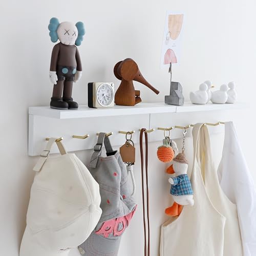Marine Plywood Wall Mounted Coat Rack with Shelf & Key Hooks, 5 Brass Hooks Entryway Organizer, Modern Floating Shelf for Bedroom Hallway, Space-Saving Home Storage Rack (2, White) by CreatedOn2005