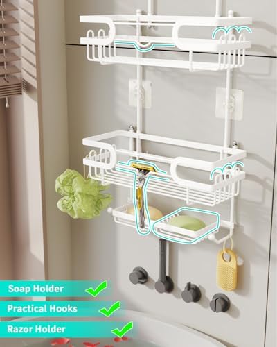 HapiRm Bathroom Hanging Shower Caddy - Rustproof Shower Shelf with 12 Hooks and 2 Soap Holders, No Drilling Bathroom Organizers and Storage - White - Image 3