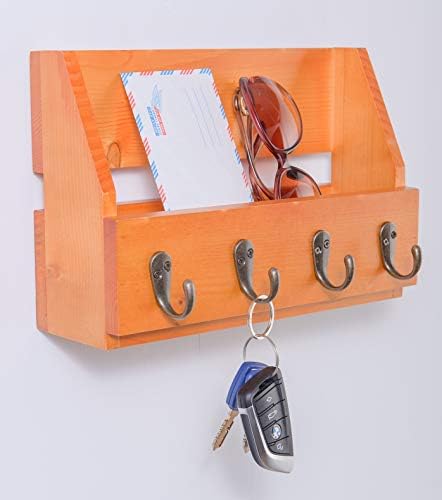 Wall Mounted Key and Mail Holder with 4 Hooks. Made of Solid Wood. Use as Key Rack, Entryway or Mudroom Organizer, Mail Sorter, Magazine Holder, Bill Sorter, Rustic Home Décor (Oak) - Image 2