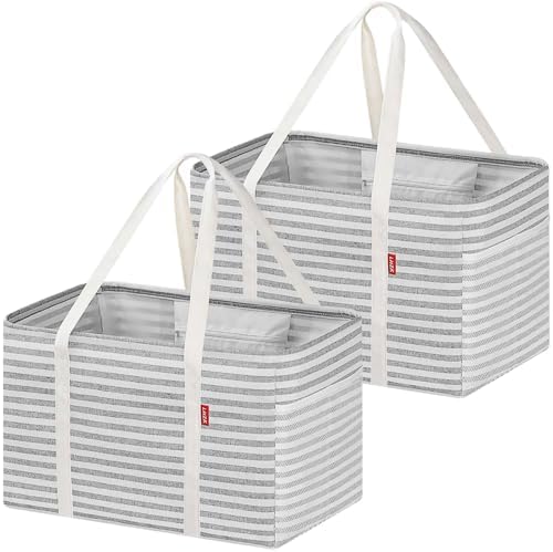 LHZK 2 Pack Utility Tote Bag with Metal Wire Frame and the Sides Rinforced, Large Tote Bag with Handle, Reusable Grocery Bags Foldable, Beach Bag, Car Tote (Gray, 18.5''x11.8''x11.5'') by LHZK