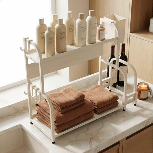 2 Tier Bathroom Counter Organizer, Narrow Space Saving Metal Shelf with Hooks and Side Basket, Multifunctional Vanity Tray Rack for Makeup, Skincare, Spice and Kitchen Storage, White - Image 2