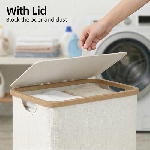efluky Slim Laundry Basket with Lid, Narrow Laundry Hamper with Removable Bag, Skinny Dirty Clothes Basket with Bamboo Handles for Bathroom, Bedroom & Laundry Room, 65L Beige - Image 2