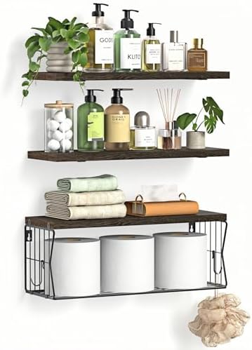 Floating Bathroom Shelves Wall Mounted - Wooden Shelf Set of 3 for Over Toilet Storage & Farmhouse Bathroom Decor - Perfect Shelving Organizer for Apartments RVs Powder Room Restroom - Rustic by Unknown