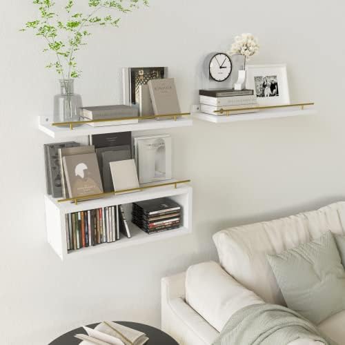 WOPITUES Floating Shelves for Wall with Cube Shelf, Wall Shelves with Metal Rail for Decor, Bathroom Organizers and Storage, Over Toilet Shelves for Bathroom, Toilet Paper-White&Gold - Image 6