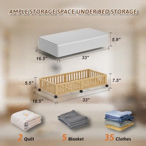2 Pack Large Bamboo Under Bed Storage Containers with Wheels, Nature | Underbed Drawer Storage with Bag, Wood Rolling Underbed Organizer for Shoes, Sheets Clothes Blanket Comforter, Under Crib Toy - Image 6