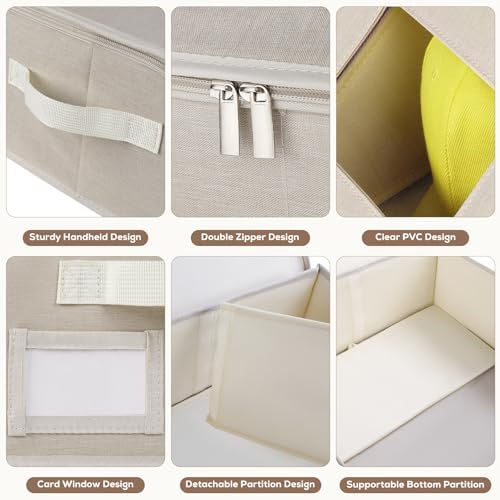 Hat Storage for Baseball Caps-Holds Up to 24 Caps, Hat Organizer for Closet Stackable Hat Box with Cardboard, Dustproof Baseball Cap Organizer with 2 Handles for Home Travel (Beige, 1 Pack) - Image 6