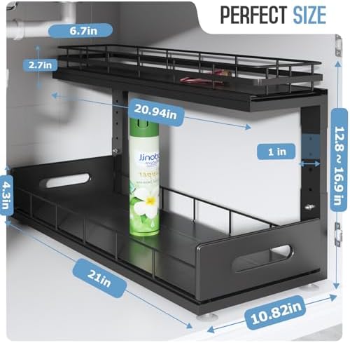 Under Sink Organizer Upgrade To Professional Rails,2-Tier Dual Pull Out Cabinet Storage,Height Adjustable Slide Out Drawers For Bathroom Kitchen,2 Pack-21"Dx12.8"-16.9"H,Black - Image 2