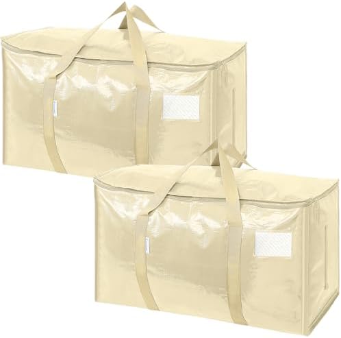 TICONN 2 Pack Extra Large Moving Bags Heavy Duty with Zippers & Carrying Handles, Durable Storage Bags Moving Boxes for Closet Organizers and Storage (2 Pack, Cream) by TICONN