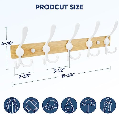 TICONN Wall Mounted Coat Rack, Five Heavy Duty Tri Hooks All Metal Construction for Jacket Coat Hat in Mudroom Entryway (Wood White, 2-Pack) - Image 2