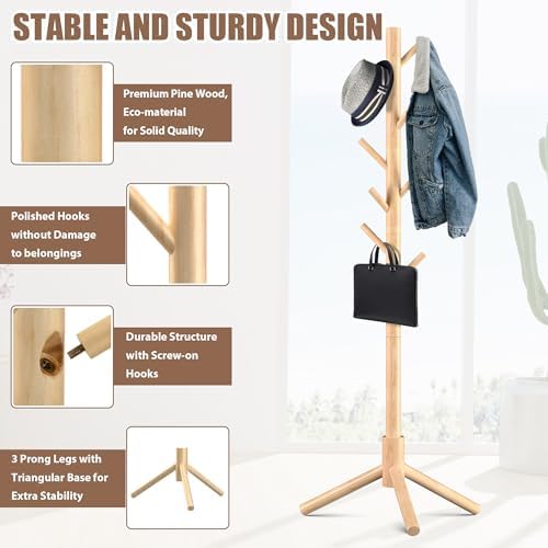 Haddockway 3 Adjustable Freestanding Wooden Coat Rack Stand 8 Hooks,Hallway - Image 3
