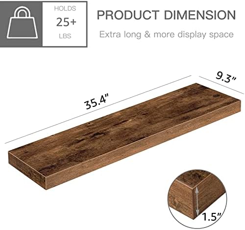 QEEIG Floating Shelves for Wall 35.4" Long - Wall Mounted Shelf Bathroom Kitchen Living Room Bedroom Farmhouse Home Decor Display Bookshelf Large 35.4 x 9.3 inch Set of 2, Rustic Brown (008-90BN) - Image 3