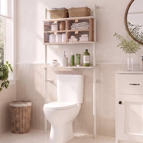 Over The Toilet Storage Bamboo, Bathroom Over Toilet Organizer with Cabinet by OLLDIDE