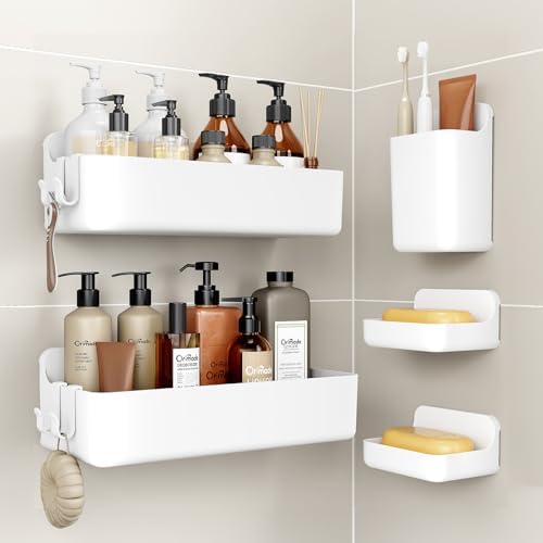 Orimade Shower Caddy 5-Pack, No-Drill Adhesive Shelves for Bathroom, Rustproof ABS Storage Organizer Set, White by Orimade