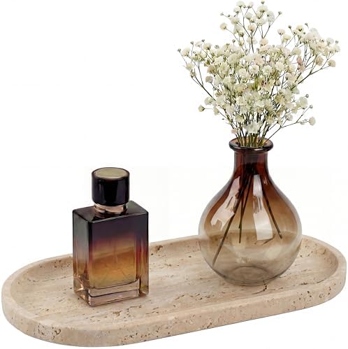 YKAJO Natural Travertine Beige Oval Marble Tray, 11.8x5.9 Vanity Organizer by YKAJO