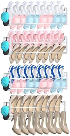 4 Pack Wall Mounted Shoe Rack for Narrow Spaces, Hanging Shoe Rack Holds 32 Pairs, 17"-30"Adjustable Heavy Duty Wall Shoe Storage with 8 Storage Hooks, Space Saving for Closet Entryway Door, White by HomeOrganizerandStorage