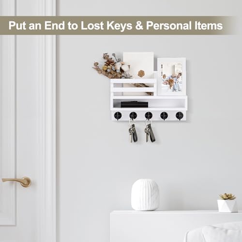 Key and Mail Holder Wall Mount, Key Hanger with Long Storage Box and 5 Hooks for Coat, Dog Leash, Home Decor Rack, House Accessories, Entry Way Organizer 11.8”W x 7.8”H x 3.2”D - Image 3