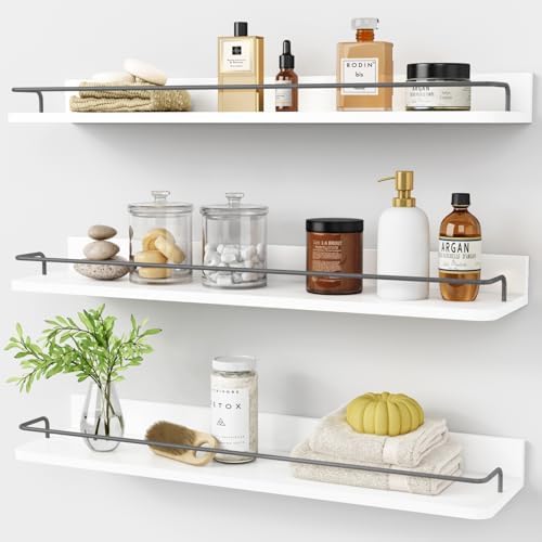 Forbena Floating Shelves for Wall 24 Inches Long, Modern White Wall Shelving Unit for Bedroom, Wood Hanging Shelf for Kitchen Bathroom Living Room Office Organizers and Storage (White and Grey) by Forbena