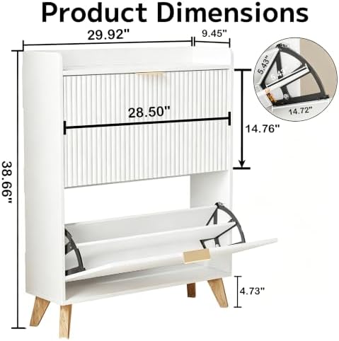 Slim Shoe Storage Cabinet for Entryway, 2 Flip Drawers Wooden Organizer with Fluted Panel, Secure Fence Top for Plants & Decor, Hidden Shoe Storage for Hallway & Foyer (White) - Image 2