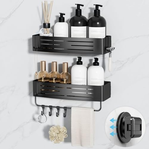 Onemake Shower Caddy Suction Cup, 2 Pack Shower Shelf with Hooks, Black by Unknown