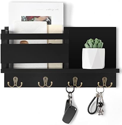Key and Mail Holder for Wall Decorative - Rustic Mail Organizer Wall Mount, Wooden Letter Sorter Organizer with 4 Key Rack Hooks for Hallway Kitchen Farmhouse Decor (16.5” x 9.1” x 3.4”) (Black) by Lucundm