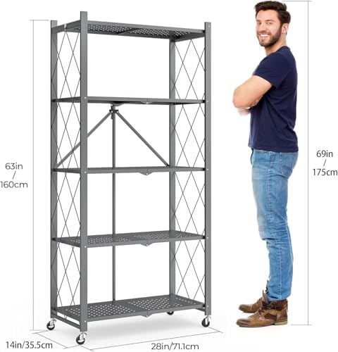 5-Tier Folding Metal Storage Rack - 63" Heavy-Duty Steel Frame with Wheels, No Assembly Utility Organizer, Rolling Shelving Unit for Kitchen, Garage, Pantry, Bedroom (Gray, 5 Tier) - Image 3