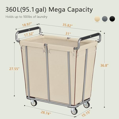 Gewudraw 360L Laundry Hamper with Wheels, Khaki, 95 Gallons - Image 3