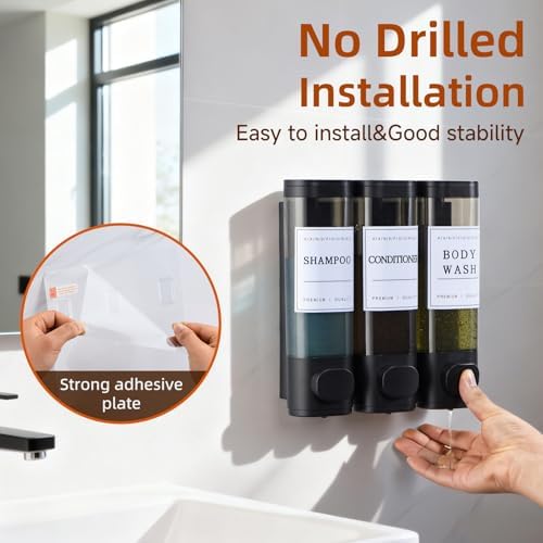 Shampoo and Conditioner Dispenser,Shower Soap Dispenser 3 Chamber No Drill Wall-Mounted Shampoo Dispenser for Shower Wall Mounted Shower Dispenser for Bathroom Hotel Large Capacity,Matte Black - Image 4