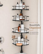ALLZONE Corner Shower Caddy Tension Pole, 4 Hang-On Basket with Mixed-Height Shelves for Various Bottle Sizes, Extra Hooks & Soap Holder, Rustproof Stainless Steel, Fits 34–116 Inch, Black/White - Image 6