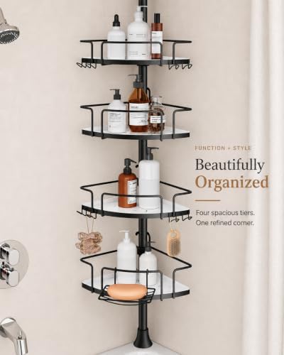 ALLZONE Corner Shower Caddy Tension Pole, 4 Hang-On Basket with Mixed-Height Shelves for Various Bottle Sizes, Extra Hooks & Soap Holder, Rustproof Stainless Steel, Fits 34–116 Inch, Black/White - Image 6