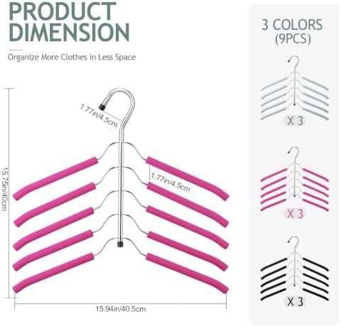 Ripeng Space Saving Clothes Hanger 9 Packs 5 in 1 Multi Layer Anti Slip Metal Heavy Duty Stainless Steel Sweater Shirt Clothes Hangers Closet Storage Organizer (Rose Red, Black, Gray, Style 1) - Image 2