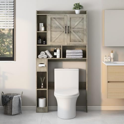 Vabches Over The Toilet Storage Cabinet with 2 Barn Doors, Grey by Vabches