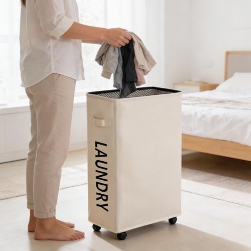 Slim Laundry Hamper with Wheels, 52L Skinny Hamper, 22" Beige - Image 5