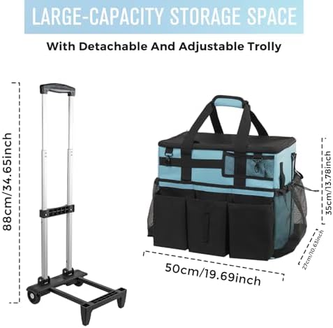 SCAVATA Rolling Cleaning Caddy Bag with Detachable Trolley, Large Cleaning Supplies Organizer with Wheels, Multi Pocket Cleaning Cart with Adjustable Shoulder Strap for Housekeepers & Home, SkyBlue - Image 5