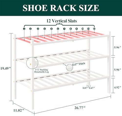 Smiry Bamboo Shoe Rack, 12 Vertical Slats, 3 Tier - 26.8" Wide, White - Image 2