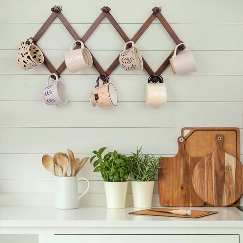 SCUNDA Wall Rack with 10 Hooks, Wooden Wall Expandable Coat Rack for Coat, Hats, Baseball Caps, Coffee Mug, Jewelry(Brown) - Image 4