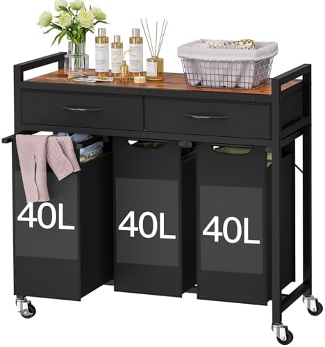 Laundry Sorter 3 Section, 120 L Laundry Hamper with 2 Drawers & 2-tone Top Panel, Rolling Laundry Basket Organizer with Pull-Out Removable Oxford Fabric Bags for Laundry Room Organization UNZYL006BVV3 by TEENFON