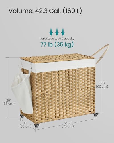 SONGMICS Rolling Laundry Hamper with Lid, 160 L 3-Section Synthetic Rattan - Image 5