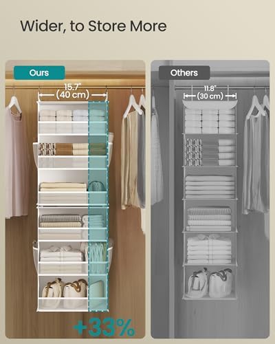 SONGMICS Widended Hanging Closet Organizer and Storage, 6-Tier, Separable | Foldable,Fabric Storage Shelf with 4 Side Pockets, Metal Hooks and Bamboo Inserts, Cloud White, TINA Collection URCH007W01 - Image 4