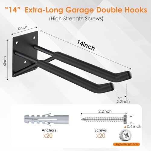 14" Garage Hooks Heavy Duty 4-Pack - Garage Storage System Hooks, Ladder Hooks for Garage Wall & Broom Holder Wall Mount | Non-Slip Tire Rack & Heavy Duty Wall Hooks for Hanging Ladders, Chairs. - Image 2