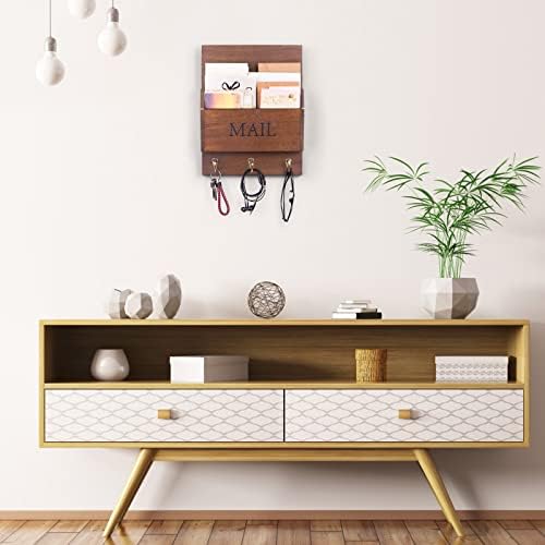 DLQuarts Solid Wood Mail Organizer with Key Holder for Wall, Mail Sorter Wall Mounted, Decorative Wooden Key and Mail Holder with 3 Hooks, Dark Brown - Image 3