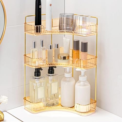 Corner Bathroom Counter Organizer Bathroom Countertop Shelf Makeup Organizer for Vanity Perfume Tray for Corner Storage (3 Tiers, Gold) - Image 6