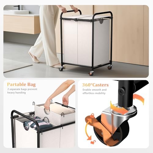 120L Laundry Sorter 2 Section, Rolling Laundry Basket with Wheels ＆ Lid - Image 3